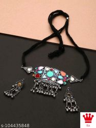 Silver oxidised multicolor stone necklace set 