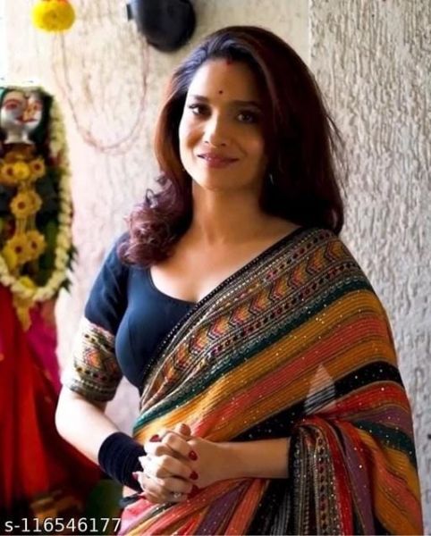 Latest Bollywood Ankita Lokhande Saree Style sequence work Georgette Saree with unstitched Blouse Piece