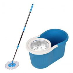 HEAVY DUTY MICROFIBER SPIN MOP WITH PLASTIC BUCKET & ROTATING STEEL POLE HEAD