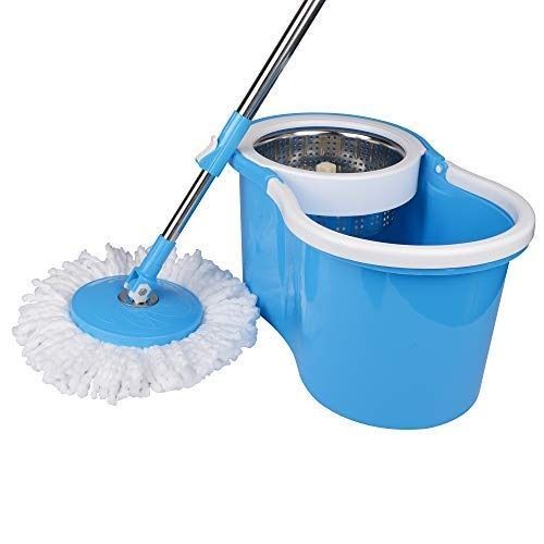 HEAVY DUTY MICROFIBER SPIN MOP WITH PLASTIC BUCKET & ROTATING STEEL POLE HEAD
