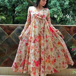 Design Number 078 White Knot   For an absolutely stunning look, wear this long dress we would love to go floral all the time like you! This floral printed georgette maxi dress is uniquely designed with full sleeve it is giving perfect stylish look for this season.   Size : M(38) L(40) XL(42) XXL(44) Lenth : 52 Inch Flare : 3.5 Mtrs   