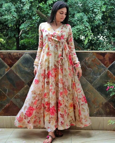 Design Number 078 White Knot   For an absolutely stunning look, wear this long dress we would love to go floral all the time like you! This floral printed georgette maxi dress is uniquely designed with full sleeve it is giving perfect stylish look for this season.   Size : M(38) L(40) XL(42) XXL(44) Lenth : 52 Inch Flare : 3.5 Mtrs   