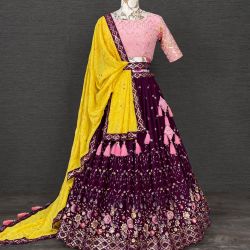 Lehenga choli The carnation wine with the intricate sequins work gives this lehenga a neat finish.