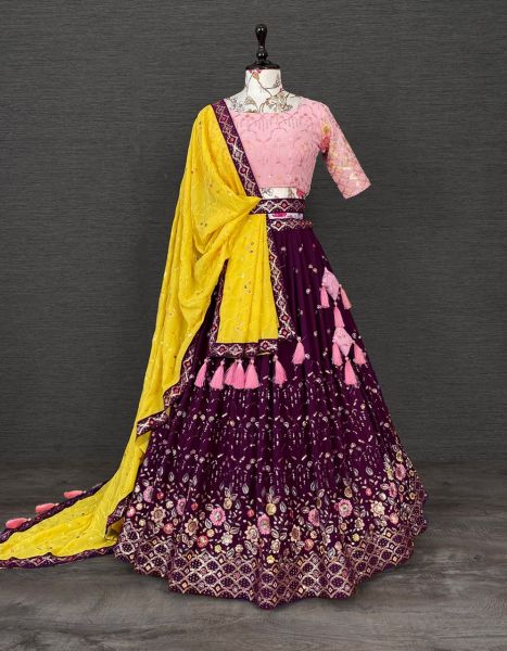 Lehenga choli The carnation wine with the intricate sequins work gives this lehenga a neat finish.